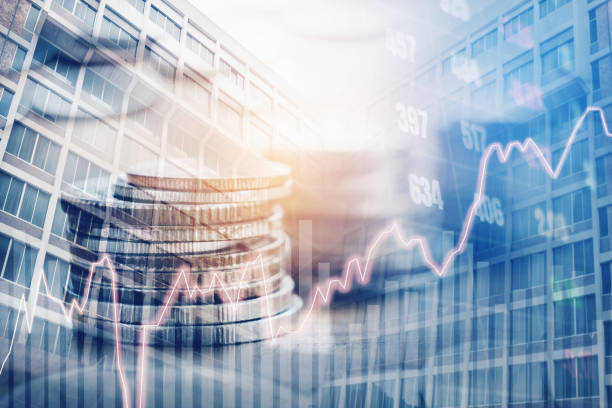 Graph On Rows Of Coins For Finance And Banking On Digital Stock Market  Financial Exchange And Trading Graph Double Exposure City On The Background  Stock Photo - Download Image Now - iStock