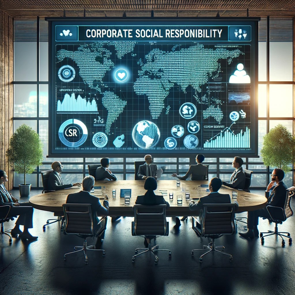 DALL·E 2024-05-15 18.29.02 - A corporate meeting room with executives discussing CSR strategies. The room has a large screen showing charts and graphs related to environmental and