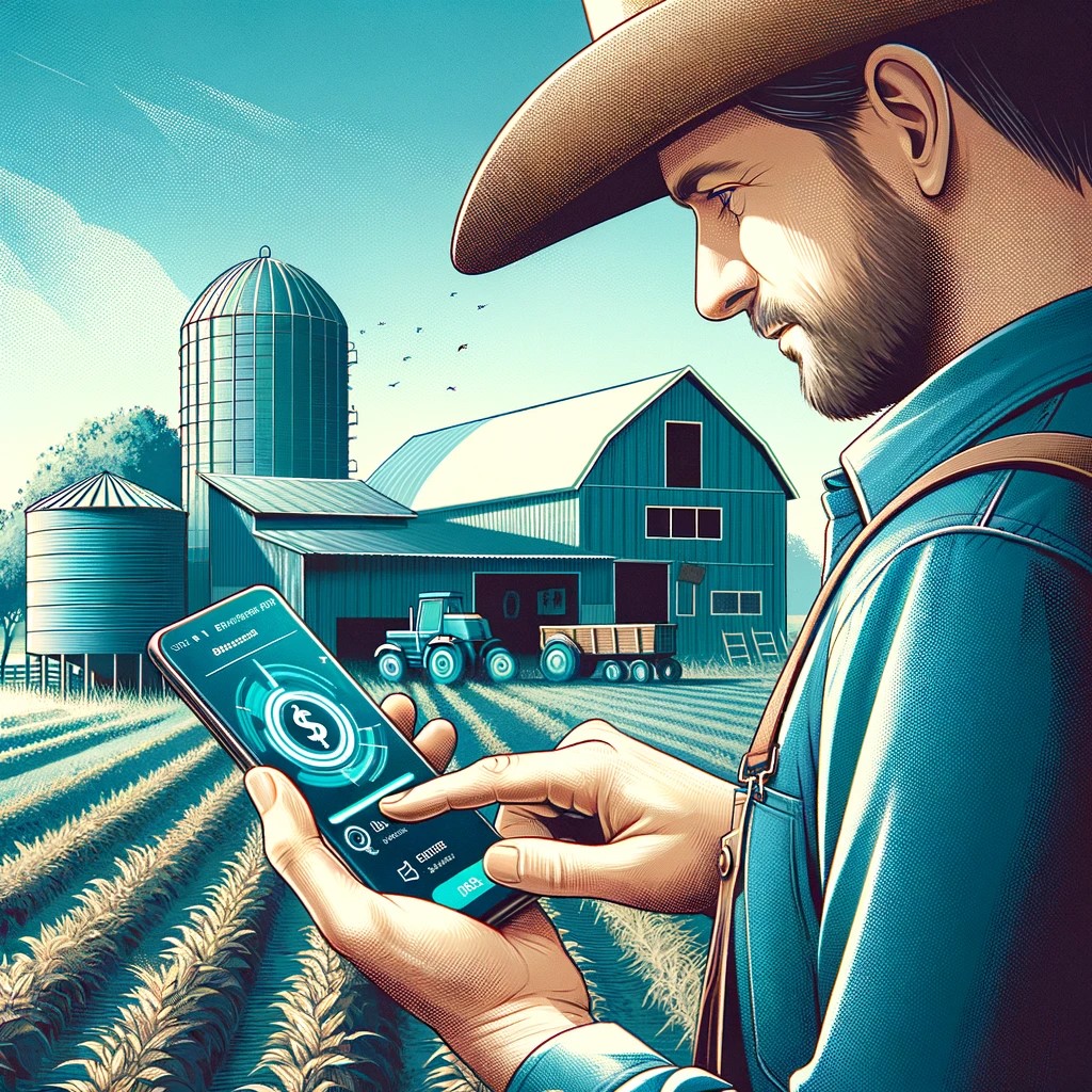 DALL·E 2024-05-14 20.38.58 - A digital illustration of a farmer using a mobile banking app on a smartphone in a rural agricultural setting. The farmer is standing in a field or ne