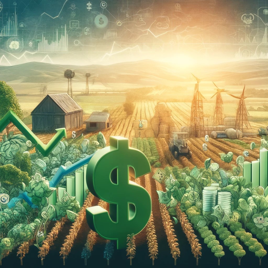 DALL·E 2024-05-14 20.38.59 - A conceptual illustration of a sustainable agriculture financing model. The image should depict a farm landscape with various sustainable farming prac