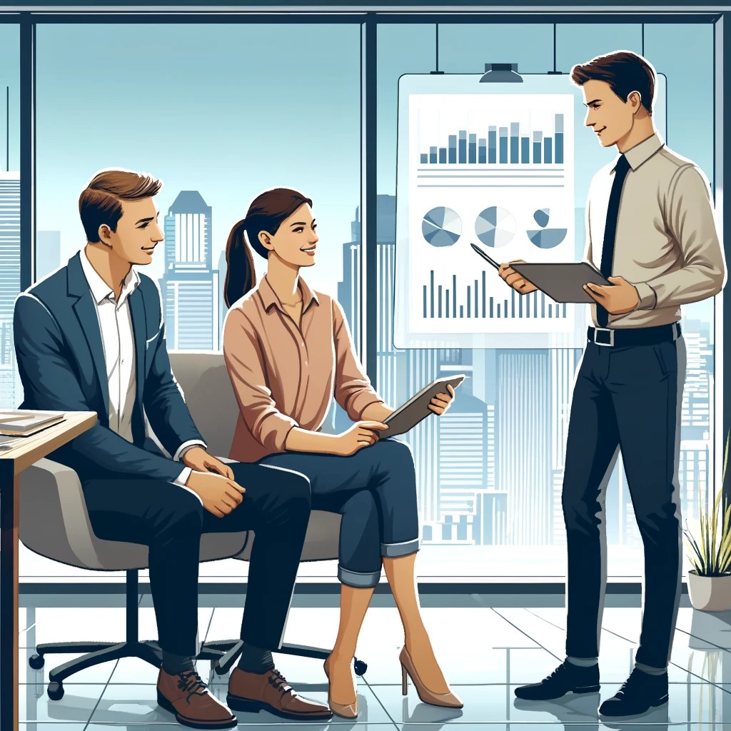 DALL·E 2024-05-14 23.49.07 - An illustration of a young couple discussing their investment options with a financial advisor in a modern office. The advisor is showing charts and g