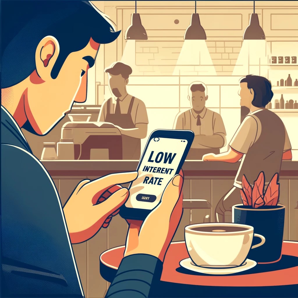 DALL·E 2024-05-14 23.49.05 - An illustration showing a person looking at a low-interest rate notification on a bank's mobile app. The setting includes a coffee shop with the perso