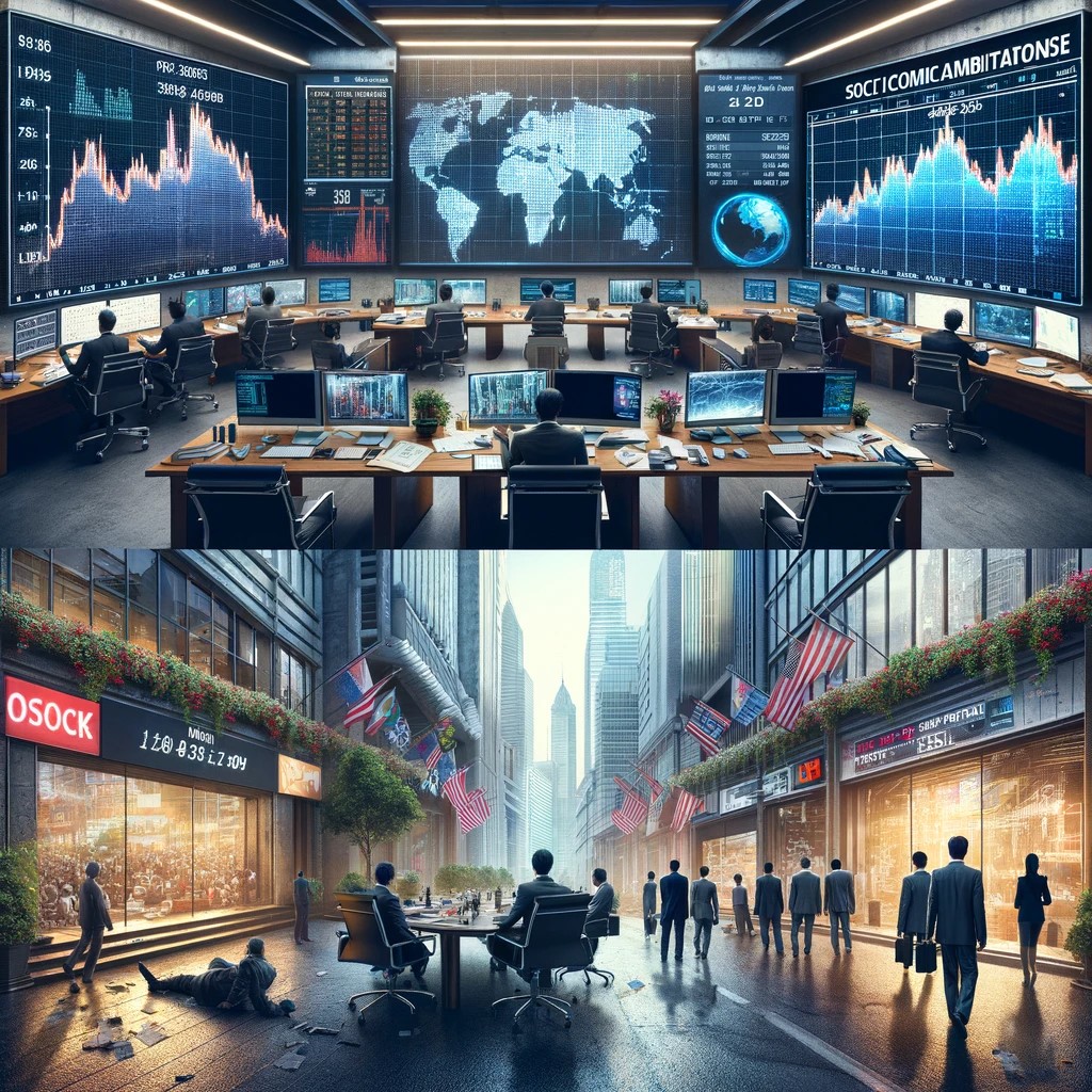 DALL·E 2024-05-14 15.49.27 - 1. An image depicting a bustling stock market trading floor in an emerging market, with traders reacting to a sudden drop in stock prices due to polit