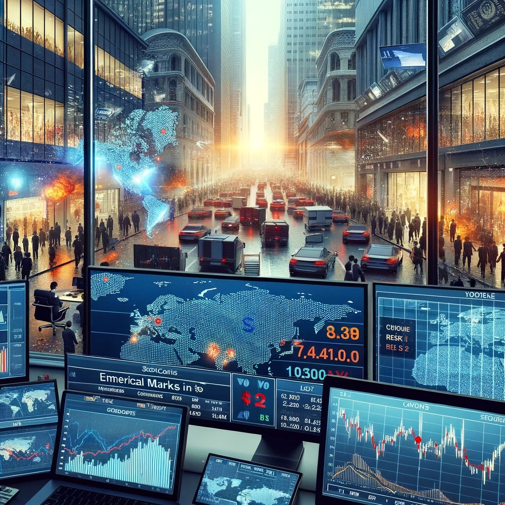 DALL·E 2024-05-14 15.50.36 - 1. An image depicting a financial analyst reviewing data on multiple screens, showing graphs of stock market declines and currency depreciation in an 