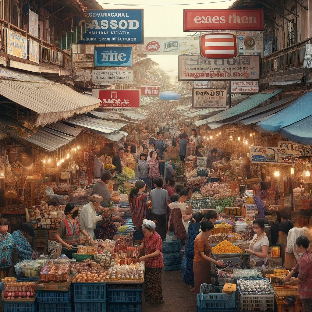 DALL·E 2024-06-05 20.08.43 - A bustling local market in Southeast Asia, influenced by global trade, with stalls selling various imported goods alongside local products. The scene 