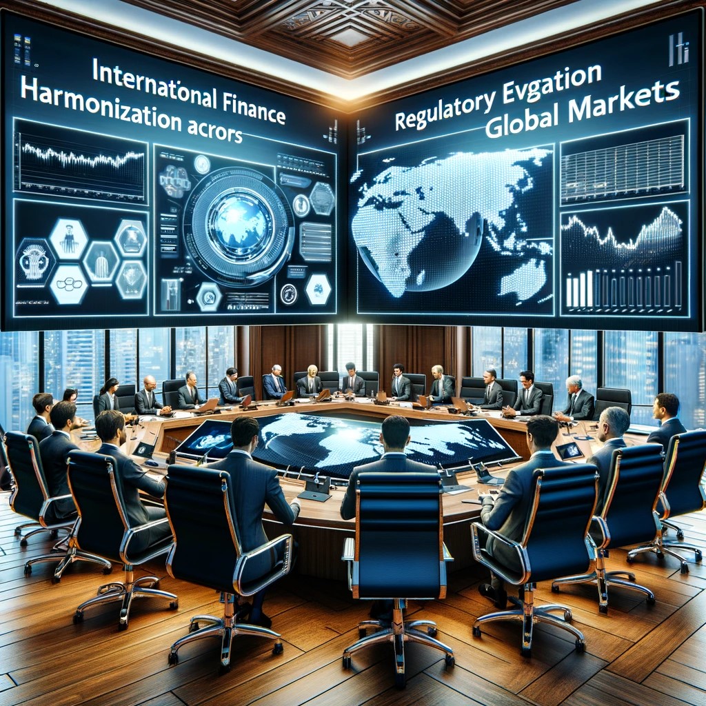 DALL·E 2024-06-04 21.14.56 - A modern conference room where international finance experts are discussing regulatory harmonization across global markets. The room is equipped with 