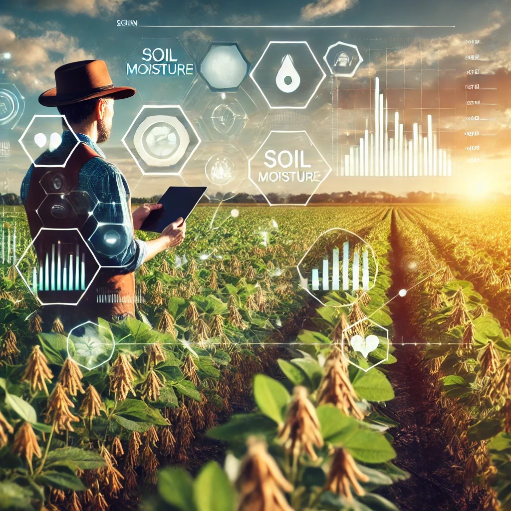 DALL·E 2024-07-09 12.29.50 - A farmer using advanced technology to monitor crop health in a vast soybean field, illustrating the intersection of agriculture and commodity trading