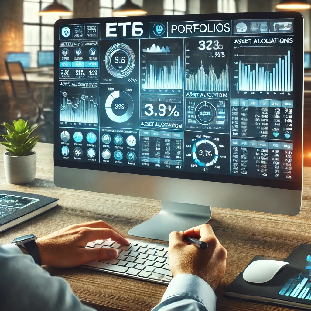 DALL·E 2024-07-09 22.57.36 - An investor analyzing ETF portfolios on a computer in a modern office setting. The screen displays various ETFs’ performance metrics, asset allocation