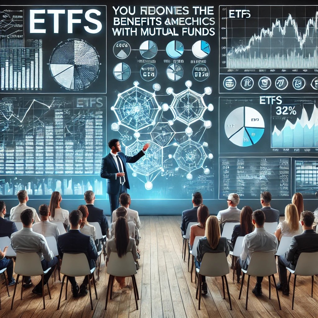 DALL·E 2024-07-09 22.57.35 - A financial seminar where an expert is presenting on the benefits and mechanics of ETFs to a diverse audience. The seminar room is equipped with moder