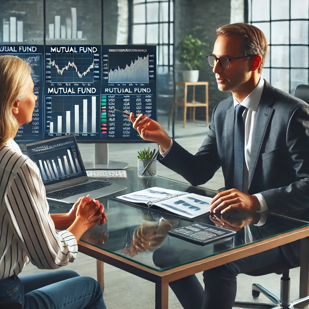 DALL·E 2024-07-09 11.11.17 - An investment advisor discussing mutual fund portfolios with a client in a modern office. The advisor's desk is cluttered with financial charts and a 