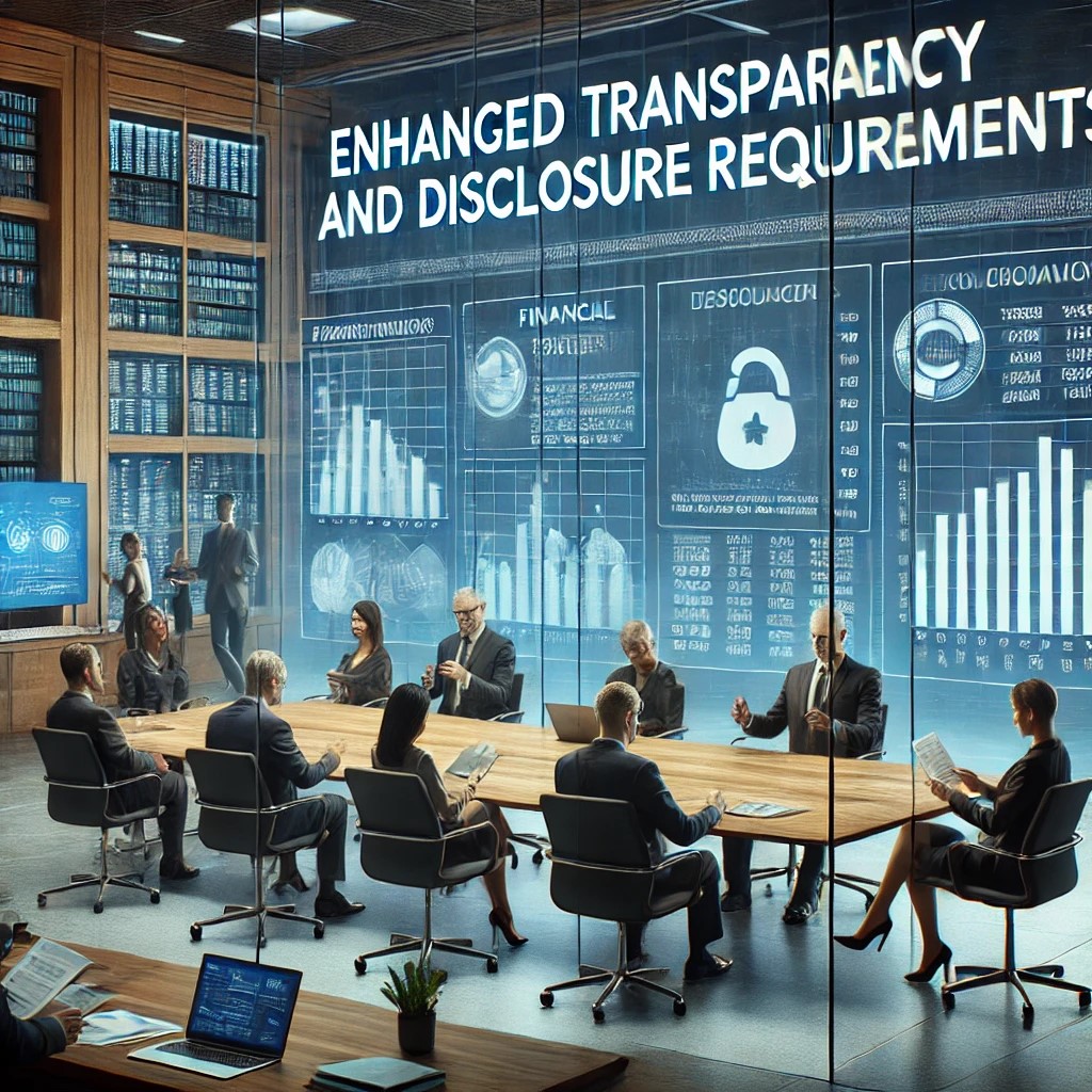 DALL·E 2024-07-27 09.33.54 - A modern financial office with regulators discussing enhanced transparency and disclosure requirements. The setting includes a large screen showing fi