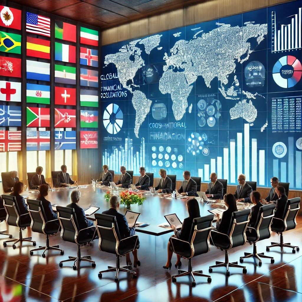 DALL·E 2024-07-27 09.33.57 - A conference room with global financial regulators discussing cross-border cooperation. The room has flags from various countries, a large world map o