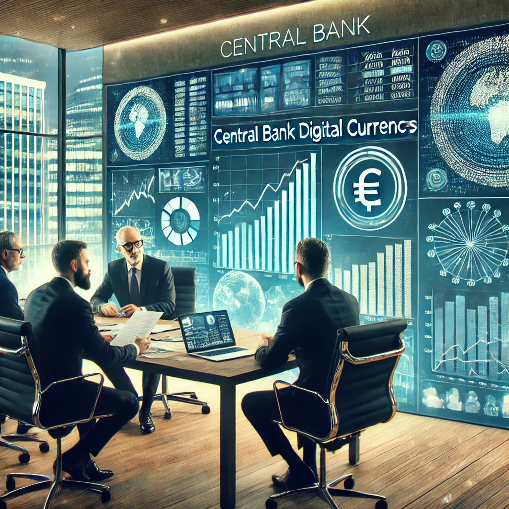 DALL·E 2024-07-27 09.44.59 - A central bank office with officials discussing the development of Central Bank Digital Currencies (CBDCs). The setting includes a large screen displa