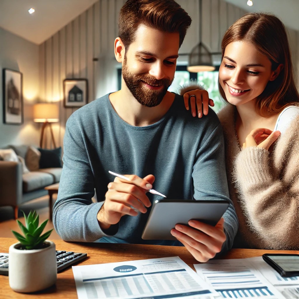 DALL·E 2024-07-27 09.47.54 - A young couple using a financial planning app on a tablet, discussing their budget and savings goals for buying a home. The background includes a cozy