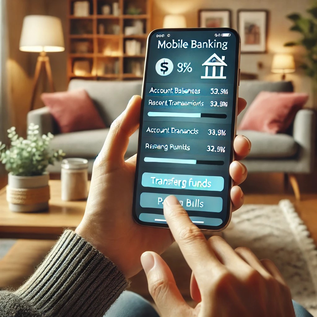 DALL·E 2024-07-27 09.55.11 - A person using a mobile banking app on a smartphone. The app interface shows account balances, recent transactions, and options for transferring funds