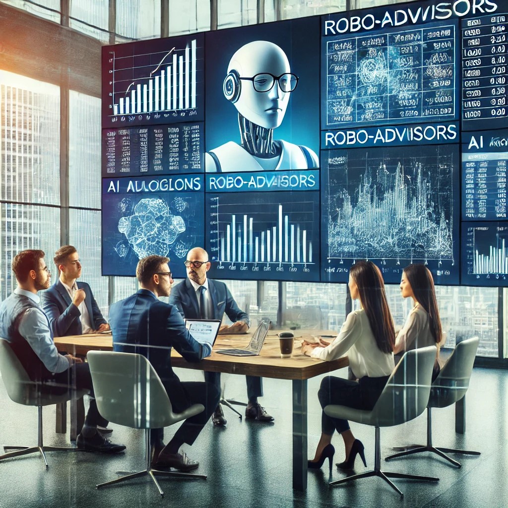 DALL·E 2024-07-27 09.55.13 - A group of financial analysts discussing robo-advisors in a modern office setting. The office has large screens showing financial data, investment por