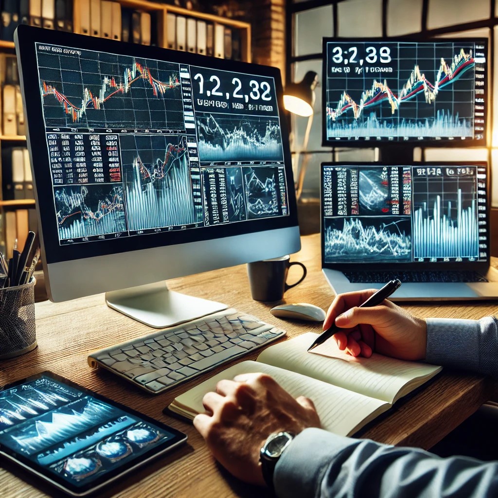 DALL·E 2024-07-27 09.27.29 - A financial analyst working on a computer with multiple screens showing currency exchange rates, stock market data, and financial charts. The office s