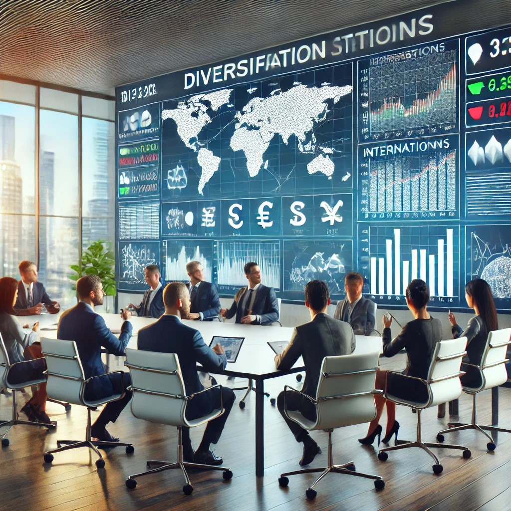 DALL·E 2024-07-27 09.27.30 - A group of investors in a modern conference room discussing diversification strategies. The room has a large screen showing graphs of different curren